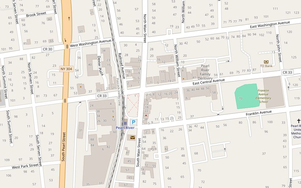 Map of downtown Pearl River showing Pearl River Barber Shop at 6 E Central Ave, Pearl River, NY 10965, near the Pearl River train station